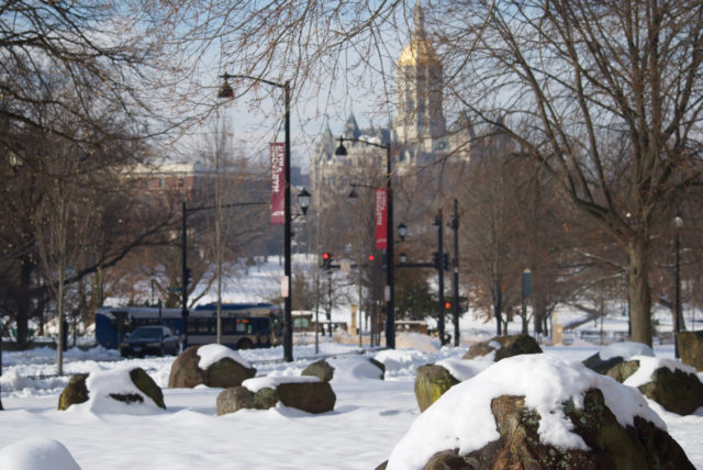 Snow-covered boulders in Hartford