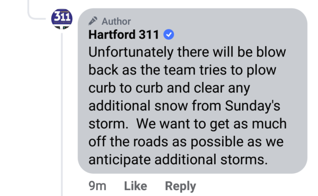 Bullshit excuse from Hartford 311 that's summarized in the text