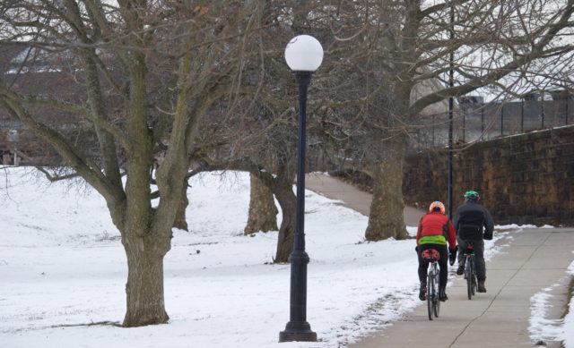 Two cyclists riding through park