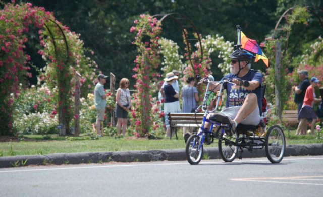 Person riding a recumbent tricycle